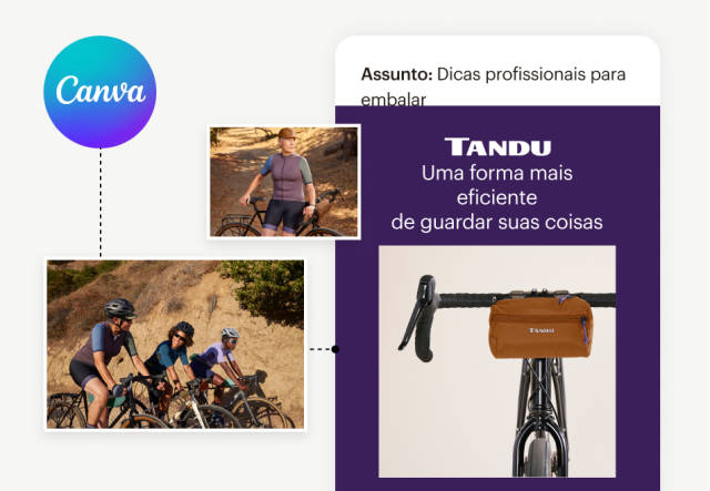 Modelo de e-mail com ciclistas e uma bolsa de armazenamento no guidão da bicicleta com um logotipo do Canva.