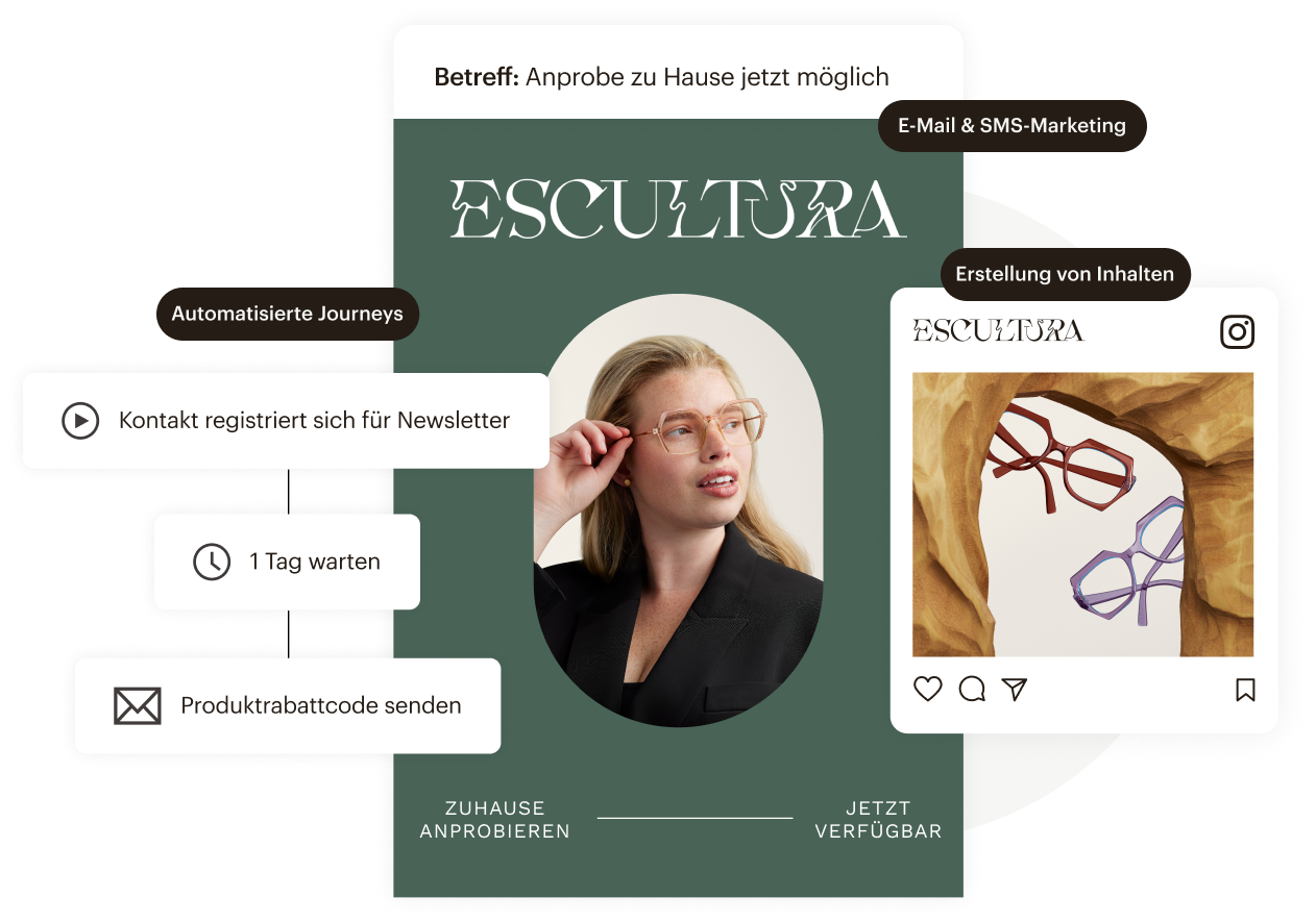 Eine Gruppe von Buttons mit der Aufschrift „E-Mail & SMS-Marketing“, „Automatisierte Journeys“ und „Erstellung von Inhalten“, neben Bildern einer Produkt-E-Mail, einem automatisierten Benutzer-Flow und einem generierten Marken-Asset.